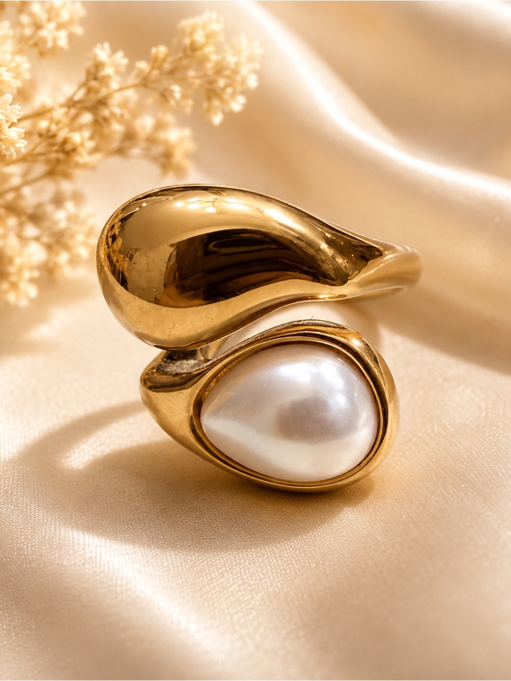 18k Gold Plated Pearl Open Ring - Elegant Women's Jewelry Size 6